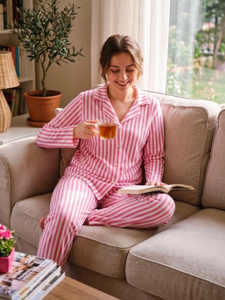 Ekstra Yumuşak KREP SÜET Boydan Düğmeli Bayan Pijama Takımı - 2499