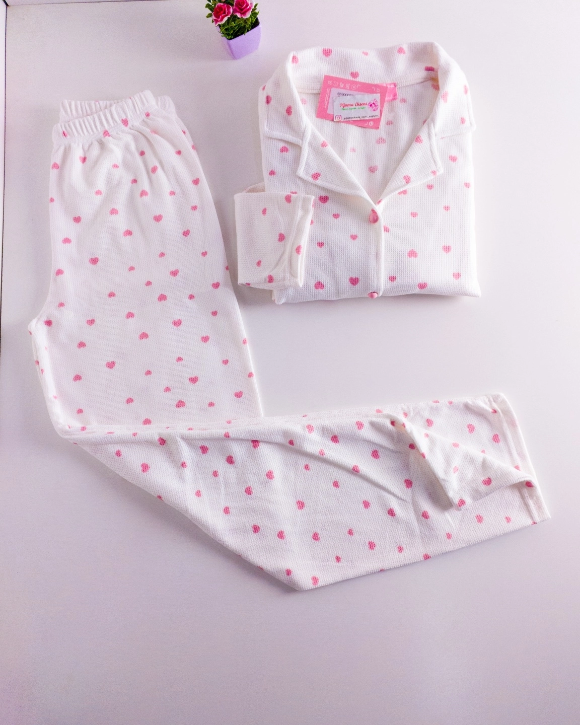 SÜPER SOFT YUMUŞAK DOKU Pembe KALP Desen Uzun Kollu Bayan Pijama Takımı - 1005