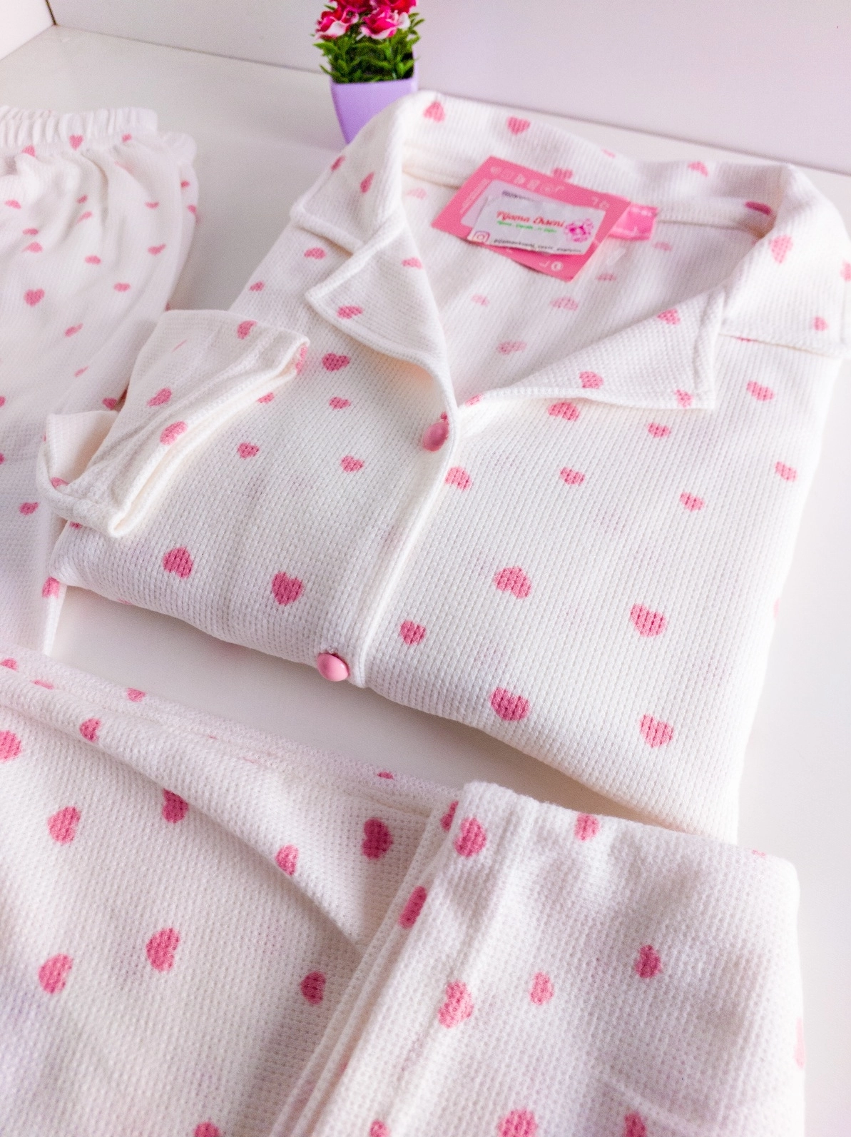 SÜPER SOFT YUMUŞAK DOKU Pembe KALP Desen Uzun Kollu Bayan Pijama Takımı - 1005