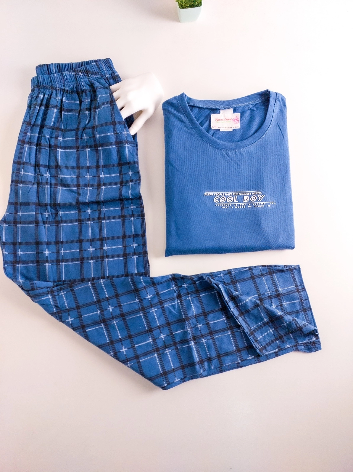 %100 Pamuk LİKRALI Kısa Kollu CEPLİ  Erkek Pijama Takımı 1384 - Mavi
