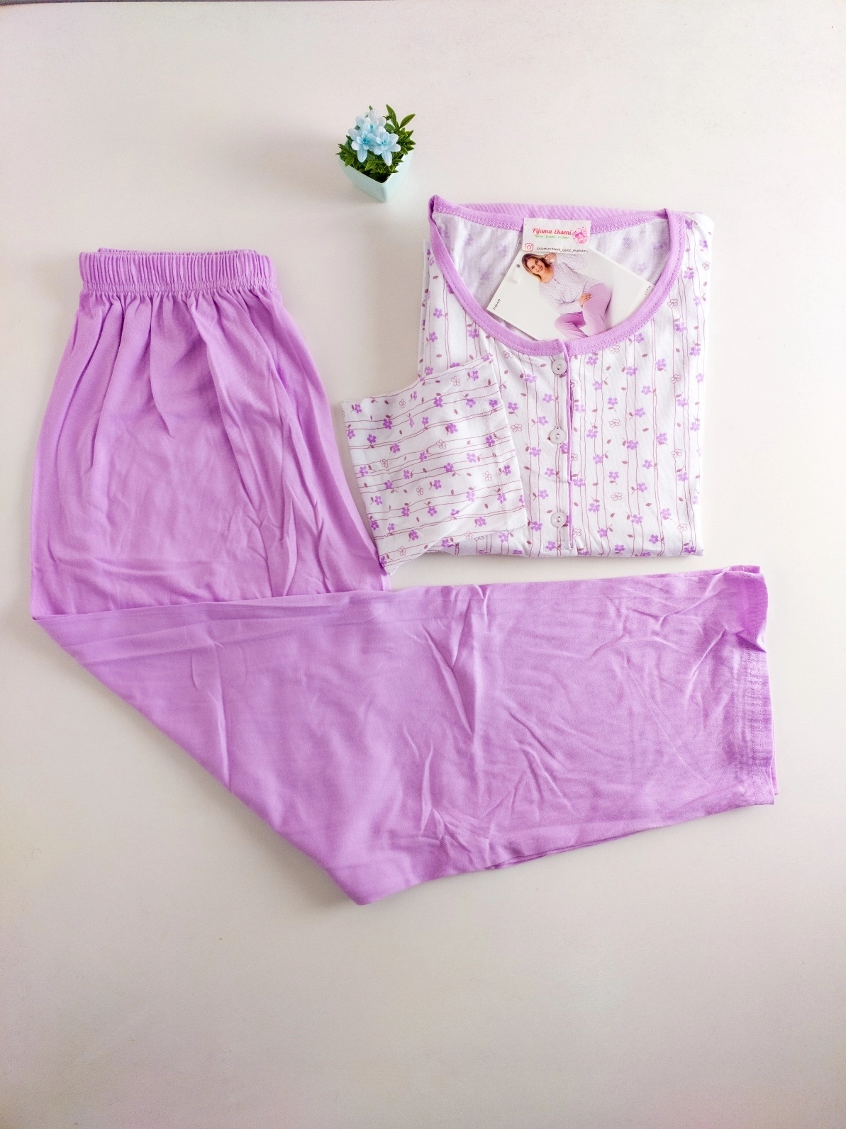 %100 PAMUK Büyük Beden Düğmeli UZUN Kollu Çiçek Desen Yazlık Kadın Pijama  1630