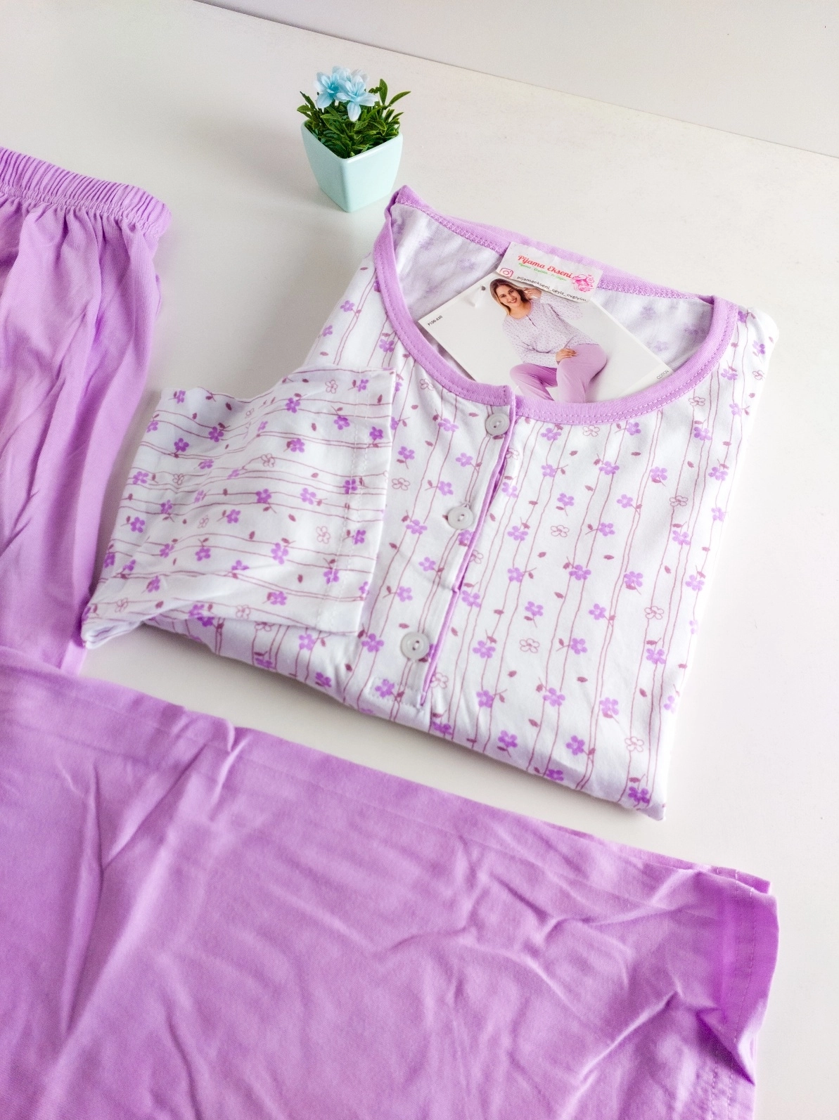 %100 PAMUK Büyük Beden Düğmeli UZUN Kollu Çiçek Desen Yazlık Kadın Pijama  1630