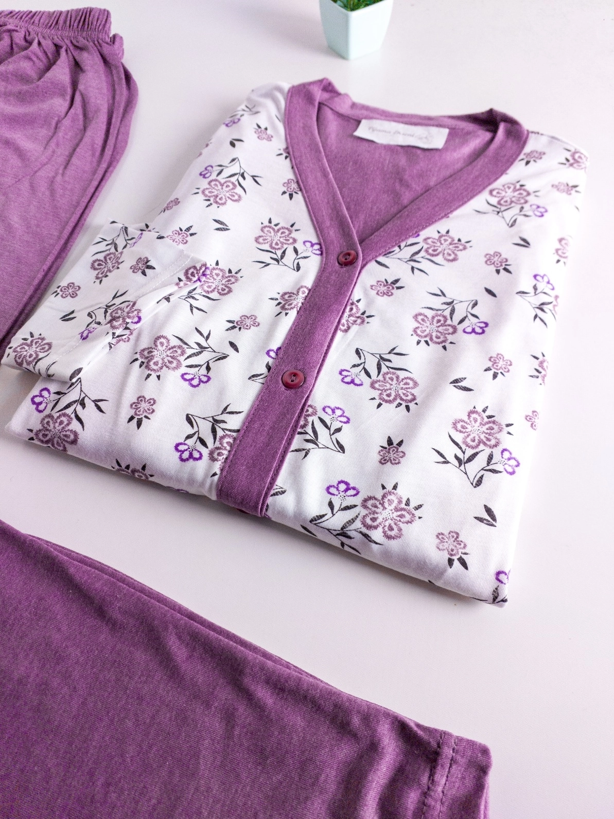 LİKRALI YUMUŞAK DOKU Boydan Düğmeli UZUN Kollu Çiçek Desen Kadın Pijama Takımı -260