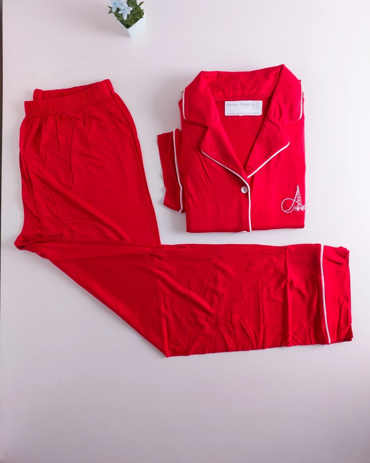 Yumuşak Full Likralı Kısa Kol Viskon Bayan Pijama Takımı Kırmızı 2782