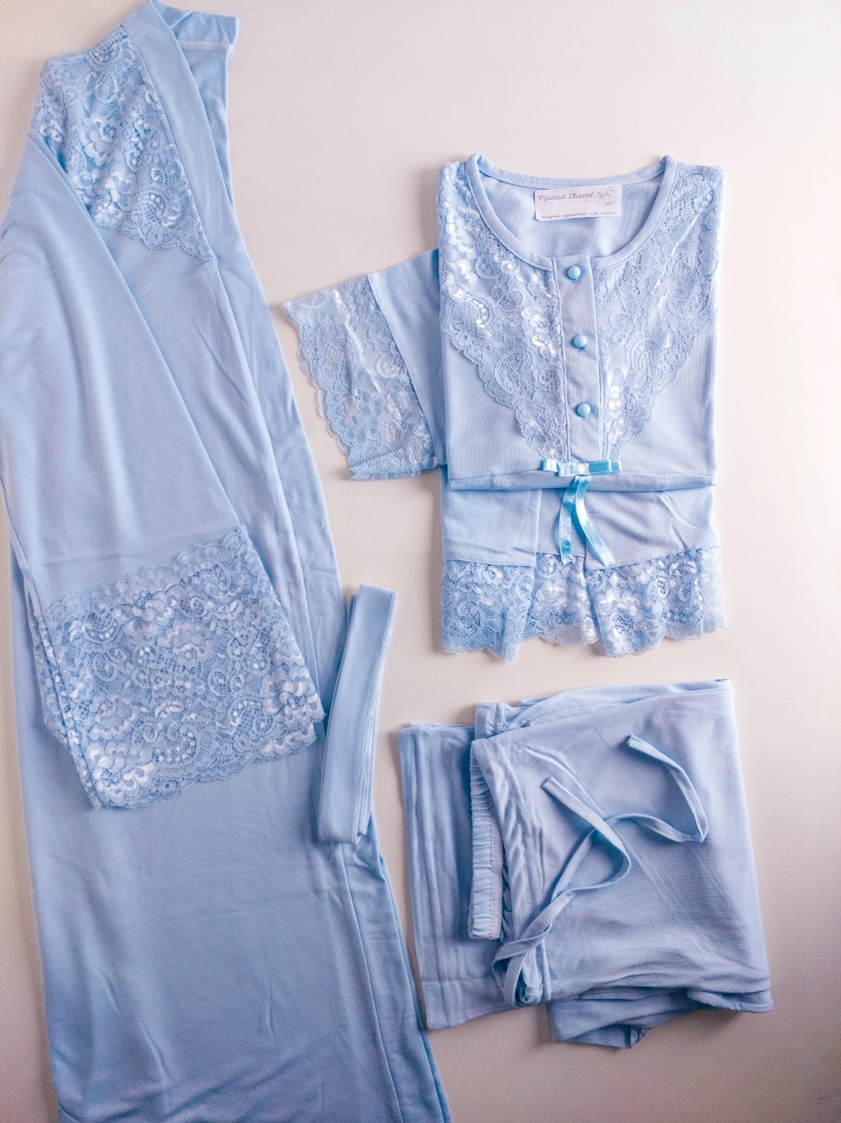 Yumuşak Dantel Detaylı Sabahlıklı Lohusa Pijama Takımı Mavi - 3022