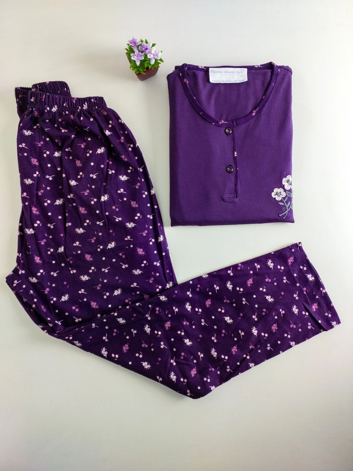 %100 PAMUK Likralı Büyük Beden KISA Kollu Çiçek Desen Kadın Pijama  15095