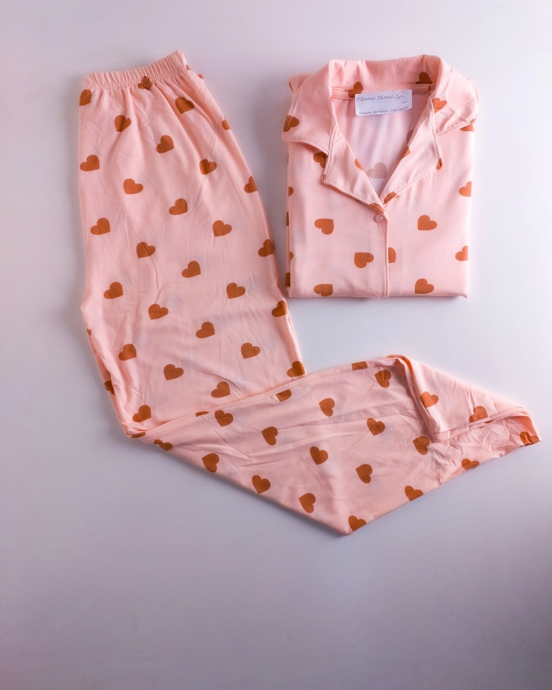 FULL LİKRALI YUMUŞAK DOKULU Boydan Düğmeli Kalp Desen Kadın Pijama Takımı - 31207