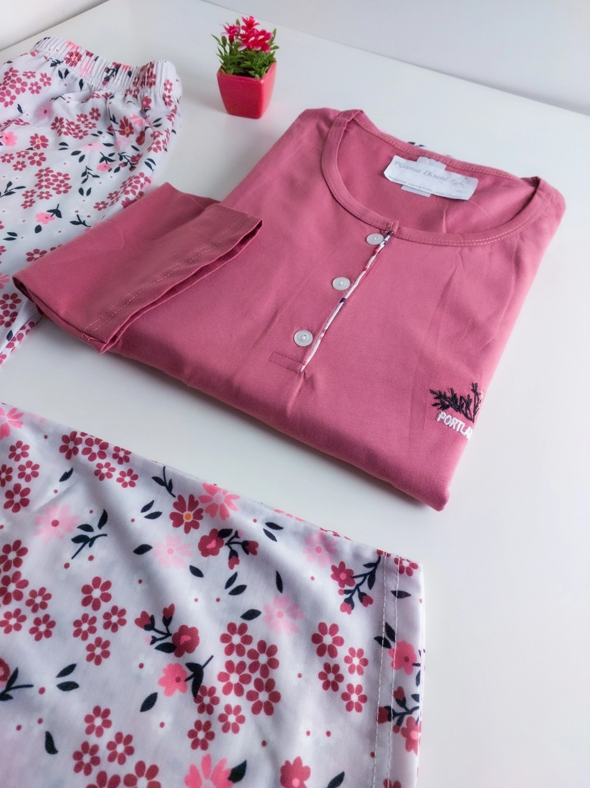 Büyük Beden Düğmeli Uzun Kollu Çiçek Desen Yazlık Kadın Pijama  135