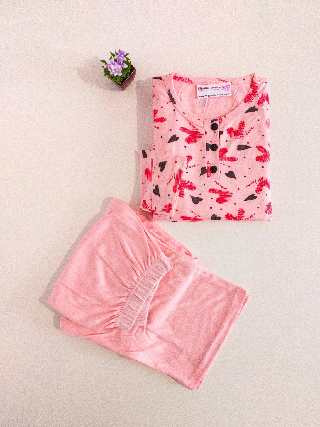 KIŞLIK YUMUŞACIK ESNEK Büyük Uzun Kollu Kalp Desen Kadın Pijama  10624