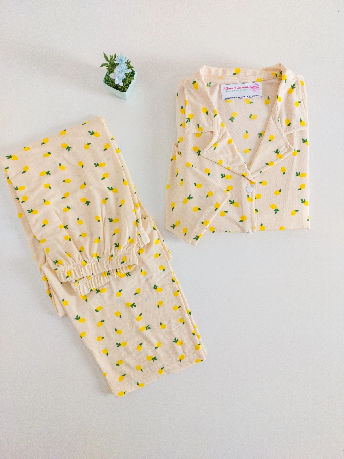 FULL LİKRALI A KALİTE YUMUŞAK Uzun Kollu Limon Desen Kadın Pijama Takımı - 13502
