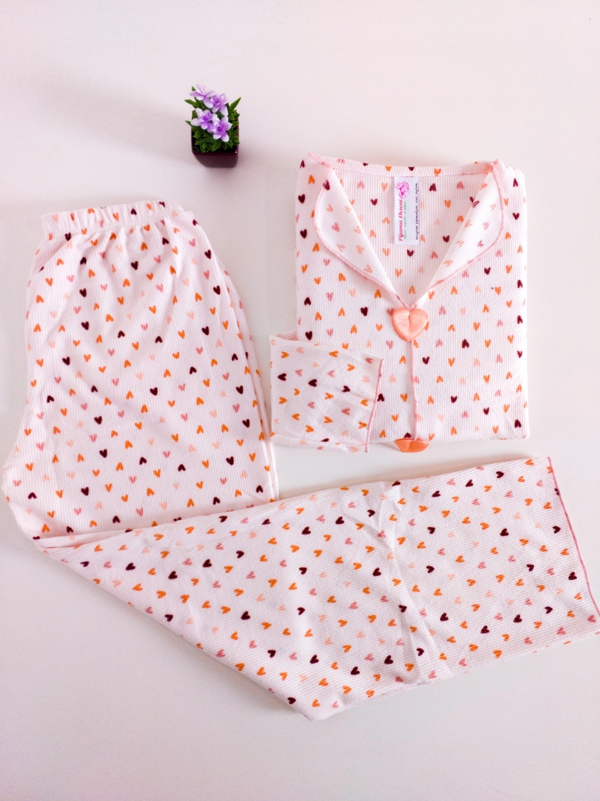 SÜPER SOFT YUMUŞAK DOKU Kalp Desen Uzun Kollu Bayan Pijama Takımı - 11463