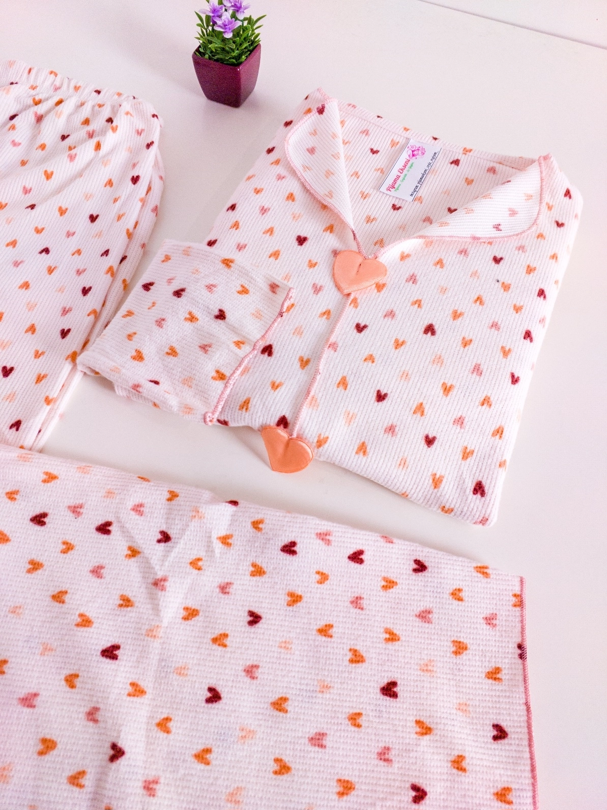 SÜPER SOFT YUMUŞAK DOKU Kalp Desen Uzun Kollu Bayan Pijama Takımı - 11463