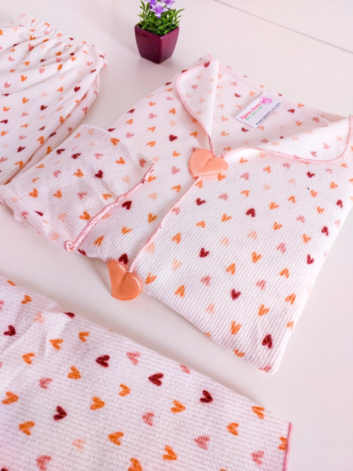 SÜPER SOFT YUMUŞAK DOKU Kalp Desen Uzun Kollu Bayan Pijama Takımı - 11463