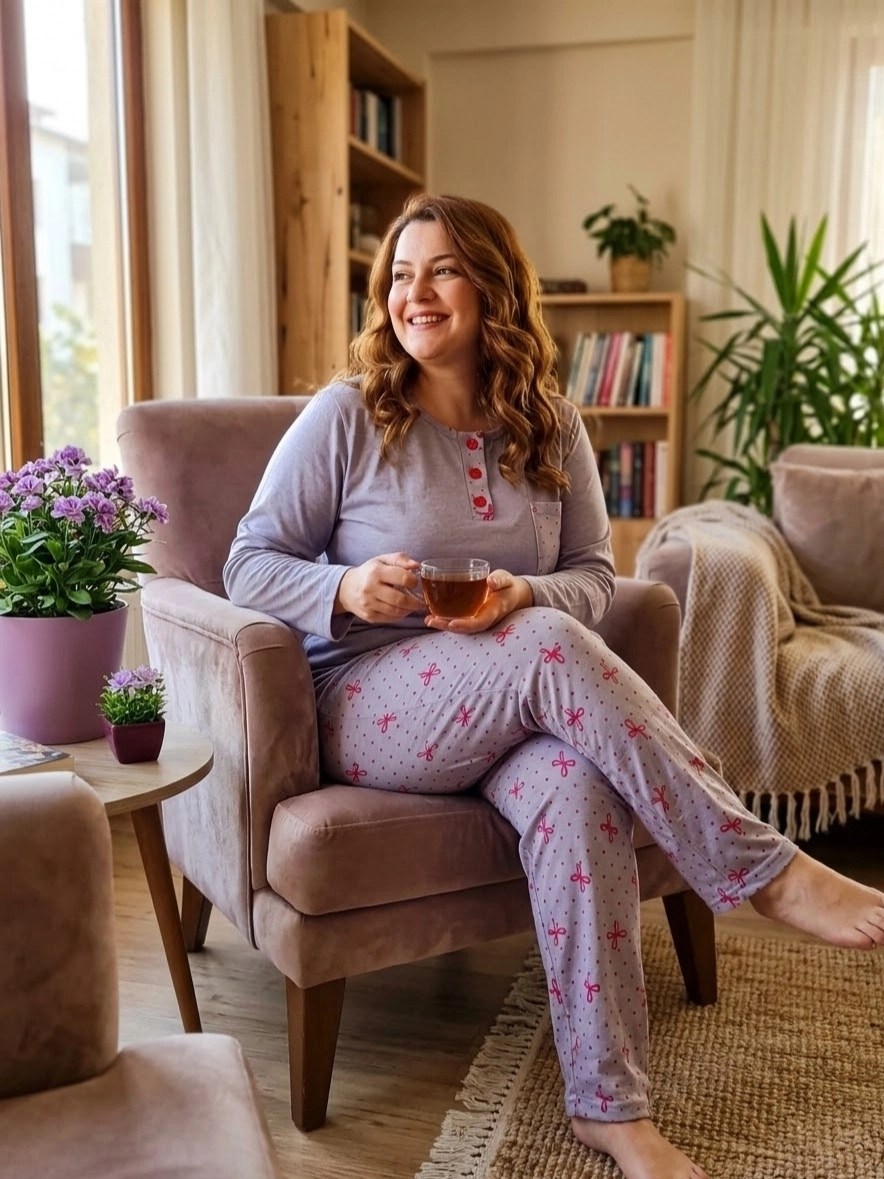 Kışlık Yumuşak Bambu İnterlok Fiyonk Puantiye Desenli Büyük Beden Kadın Pijama Takımı - 10620