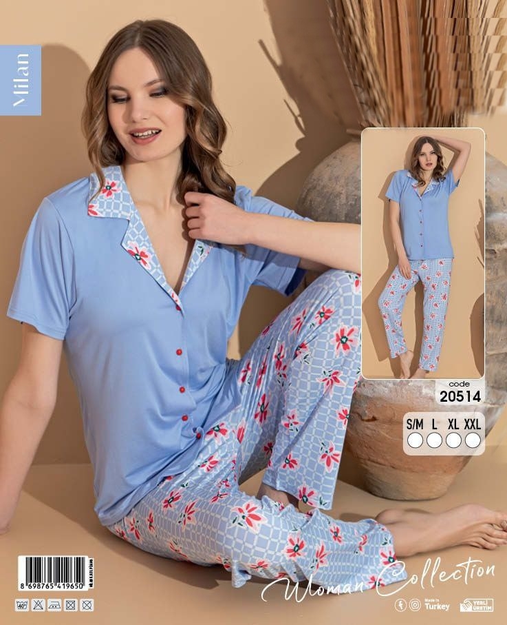 YUMUŞAK DOKU Çiçek Desen Kısa Kollu  Bayan Pijama Takımı - 20514