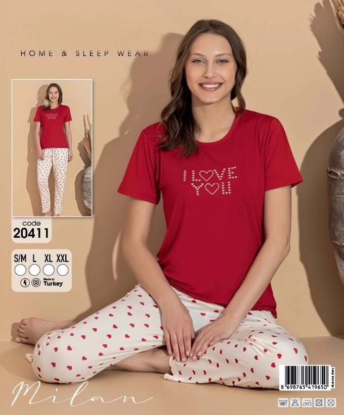 LİKRALI EKSTRA YUMUŞAK DOKU KISA KOL  Kalp Desen Bayan Pijama Takımı - 20411