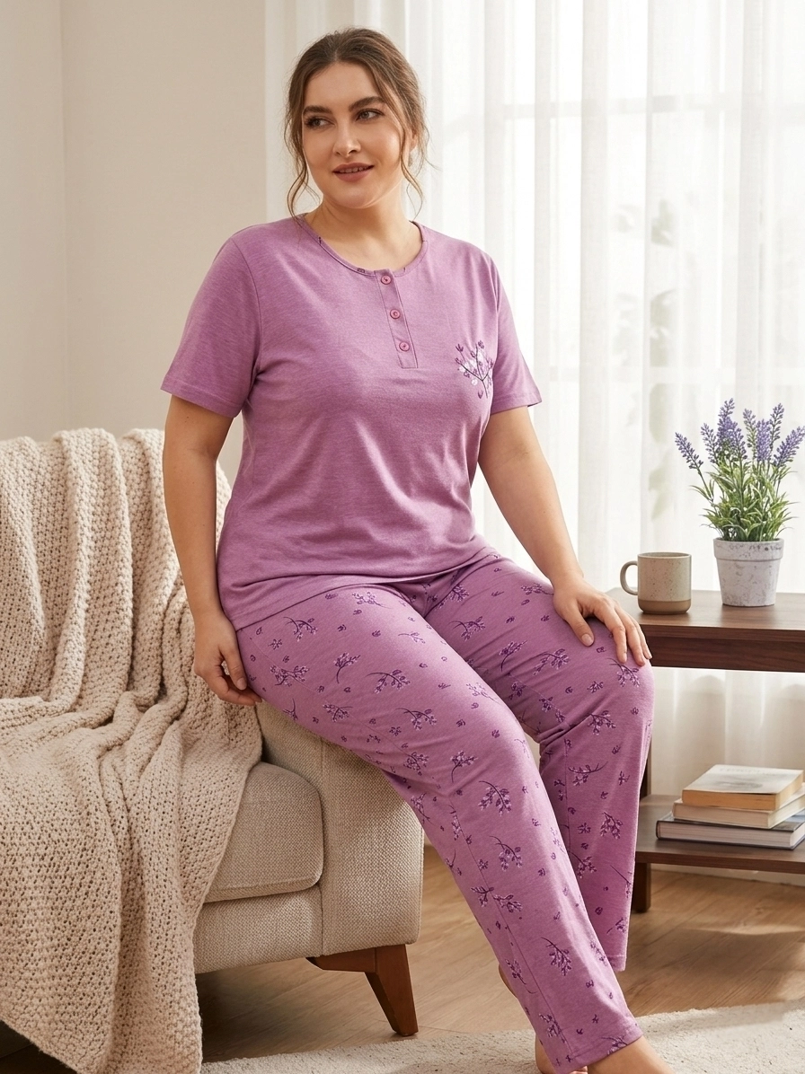 Büyük Beden Düğmeli KISA Kollu Çiçek Desen Kadın Pijama 50181