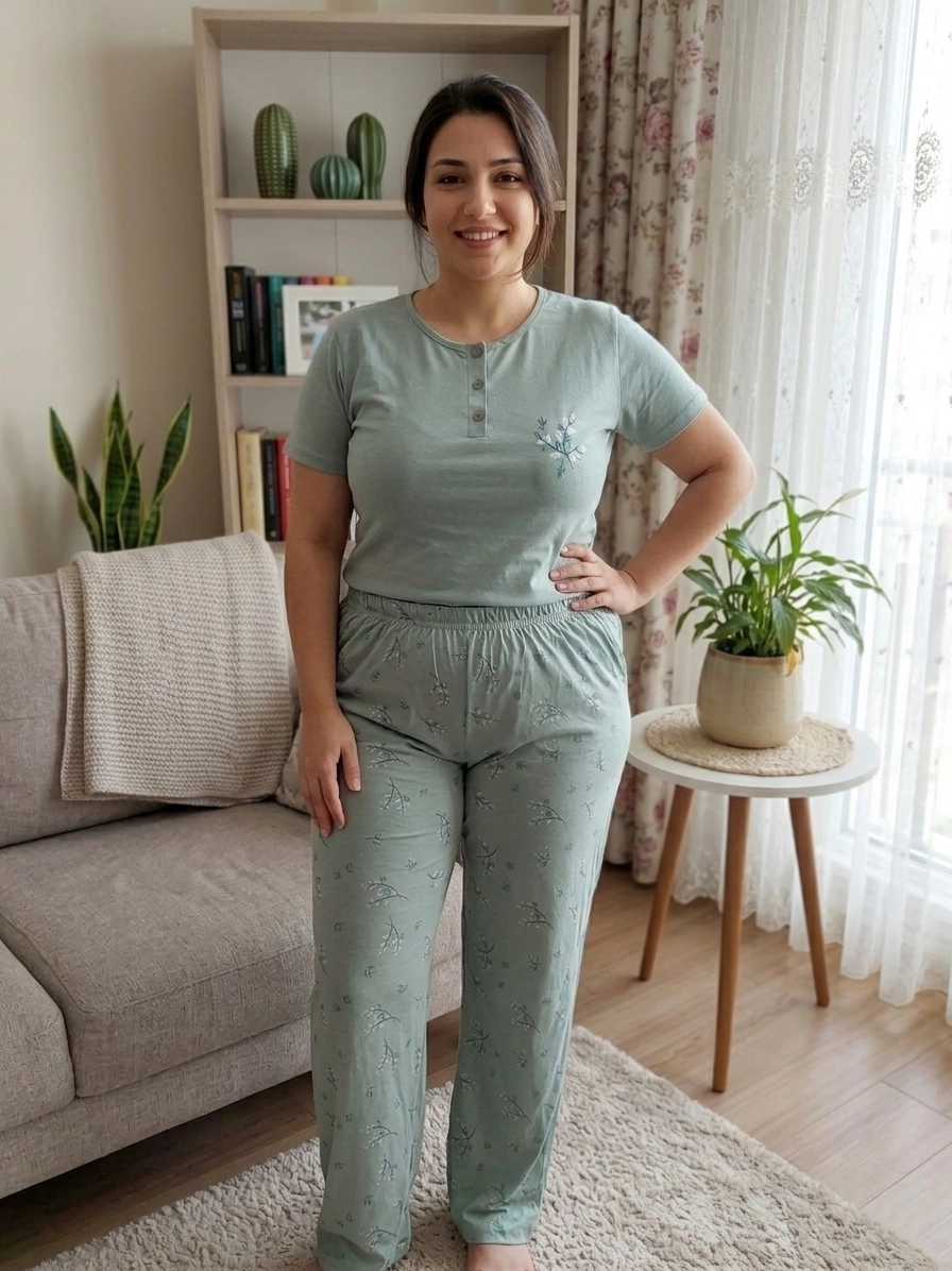 Büyük Beden Düğmeli KISA Kollu Çiçek Desen Kadın Pijama 50182