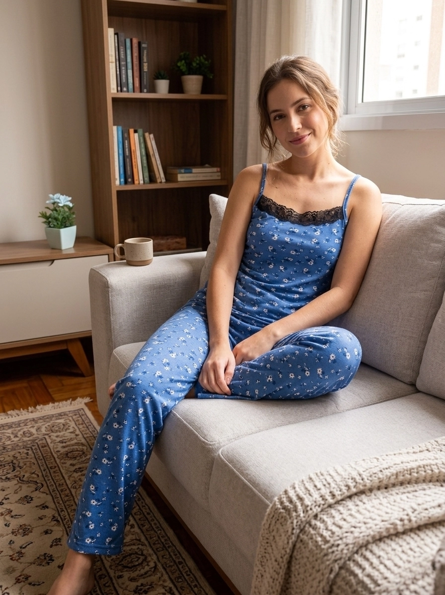 Yumuşacık Likralı Alt Uzun - Üst İp Askılı  Kadın Pijama Takımı - 5959