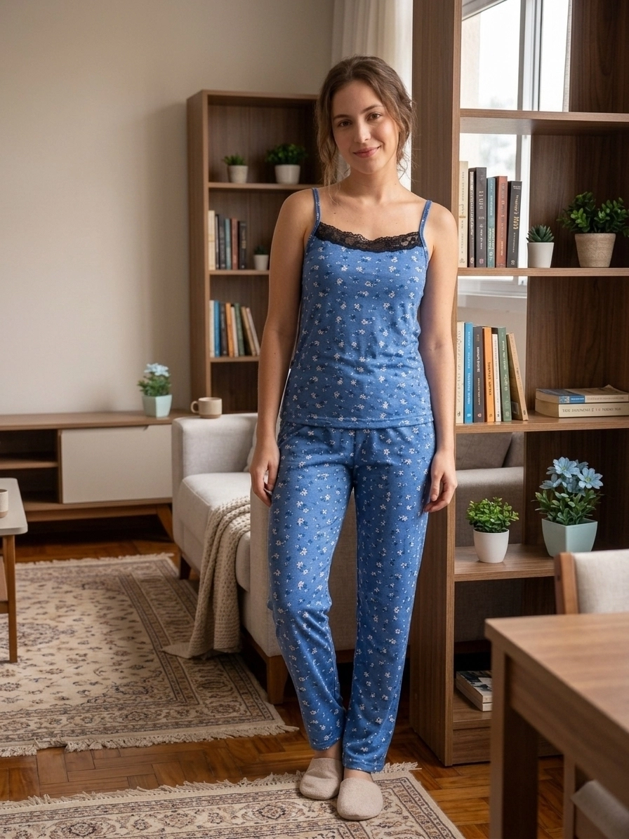 Yumuşacık Likralı Alt Uzun - Üst İp Askılı  Kadın Pijama Takımı - 5959