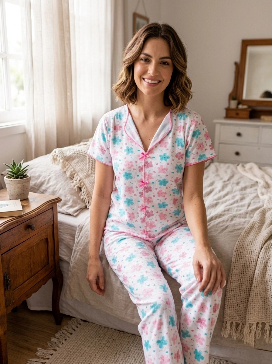 SÜPER YUMUŞAK LİKRALI  DOKU Çiçek Desen  Fiyonk Detay KISA KOL Bayan Pijama Takımı - 8731
