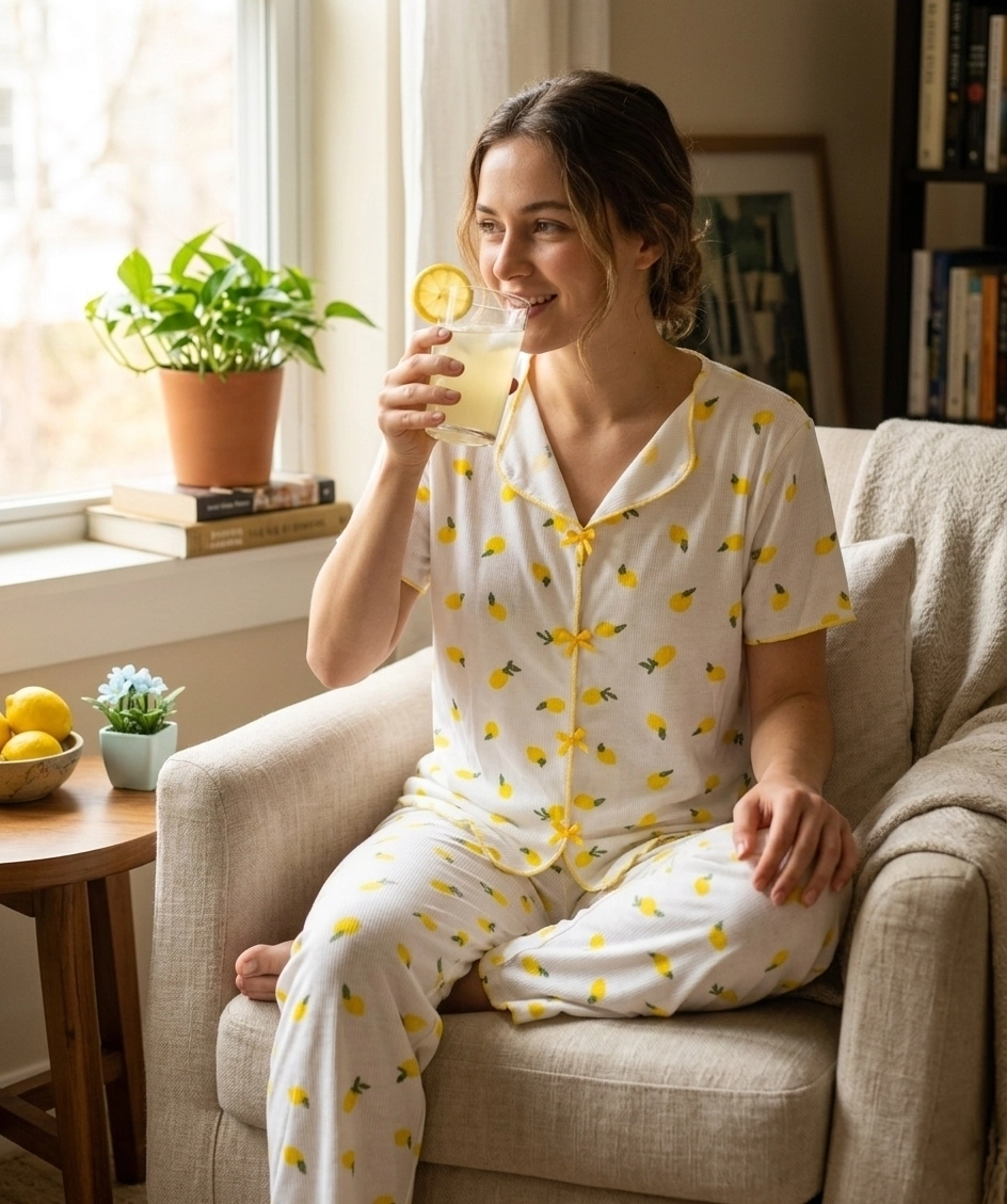 SÜPER YUMUŞAK Likralı DOKU Limon Desen  Fiyonk Detay KISA KOL Bayan Pijama Takımı - 8732