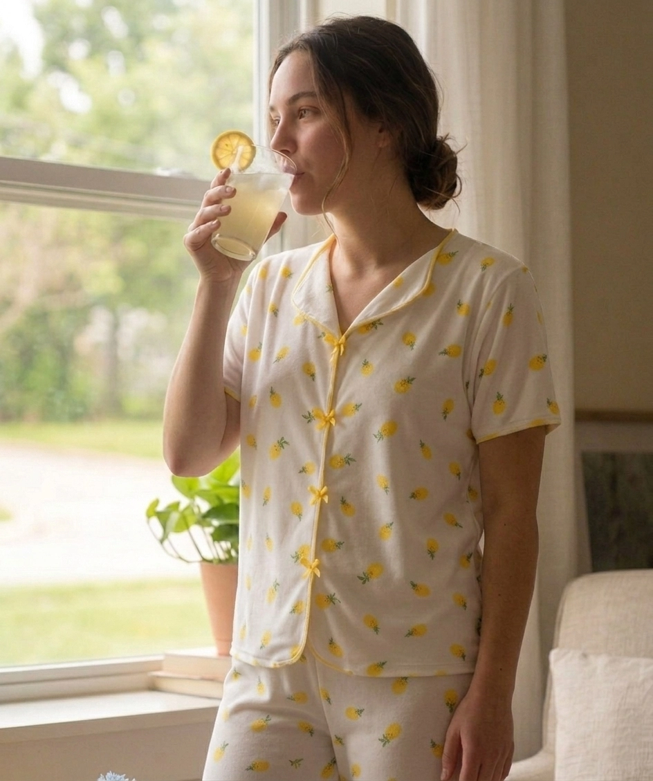 SÜPER YUMUŞAK Likralı DOKU Limon Desen  Fiyonk Detay KISA KOL Bayan Pijama Takımı - 8732
