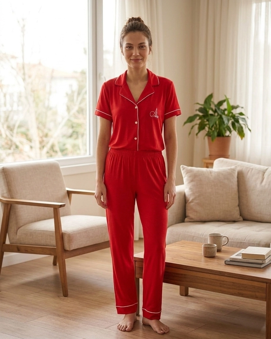 Yumuşak Full Likralı Kısa Kol Viskon Bayan Pijama Takımı Kırmızı 2782