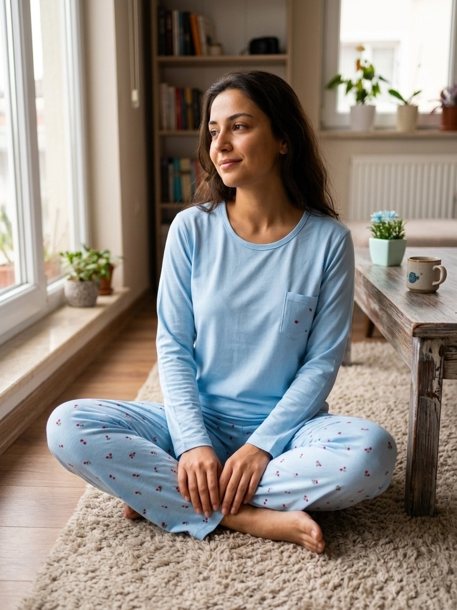 Yumuşak Likralı Melisa Kumaş  Uzun Kol Kadın Pijama Takımı 7523 mavi