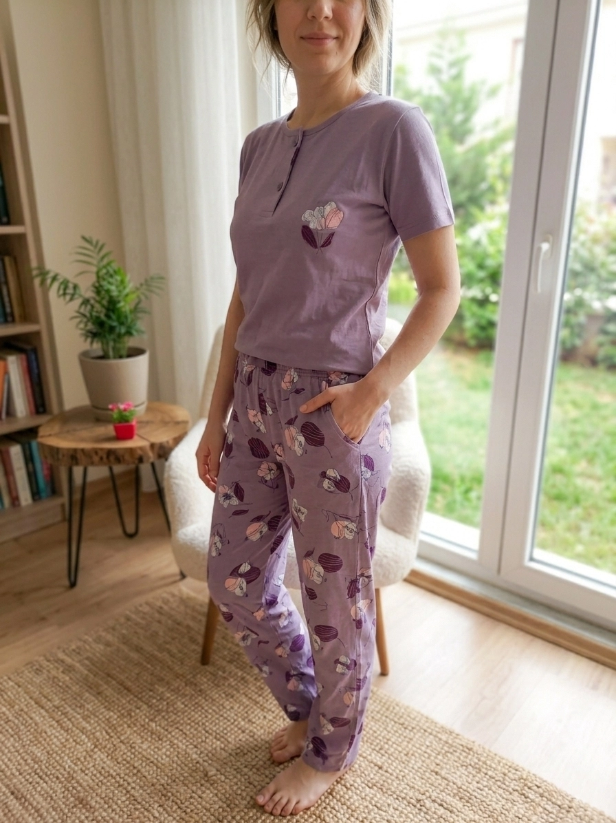 %100 Pamuk Likralı Kısa Kollu Bayan Pijama Takımı - 15569