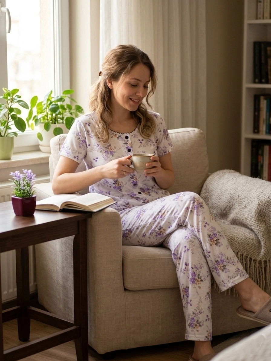 LİKRALI EKSTRA YUMUŞAK DOKU Çiçek Desen Kısa Kollu Bayan Pijama Takımı - 7340 Mor