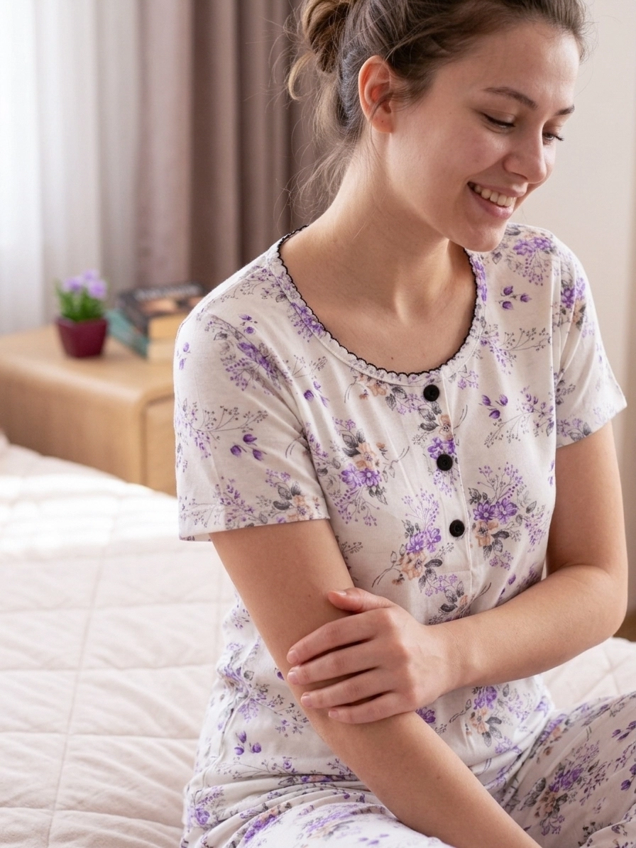 LİKRALI EKSTRA YUMUŞAK DOKU Çiçek Desen Kısa Kollu Bayan Pijama Takımı - 7340 Mor