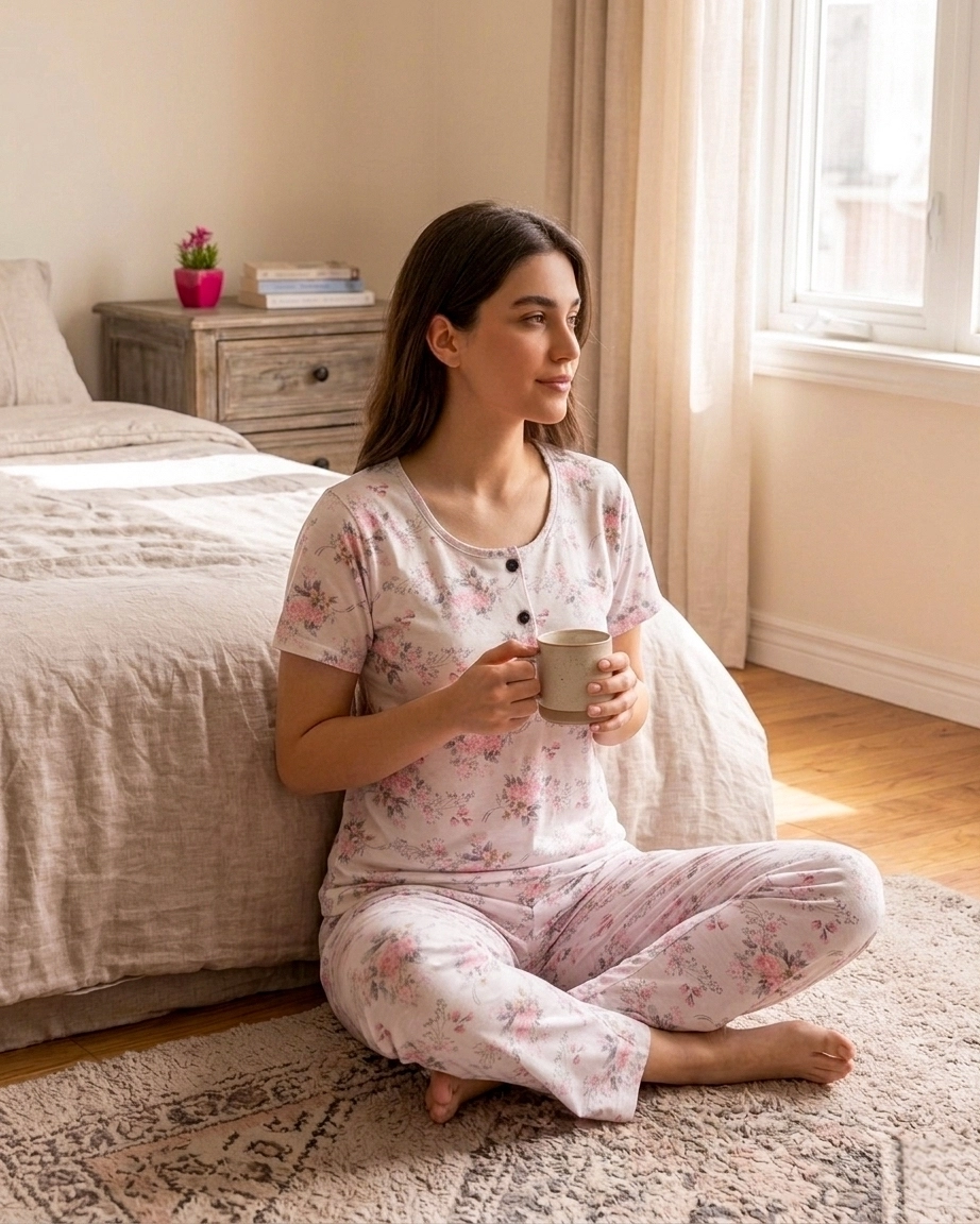 LİKRALI EKSTRA YUMUŞAK DOKU Çiçek Desen Kısa Kollu Bayan Pijama Takımı - 7340 Pembe
