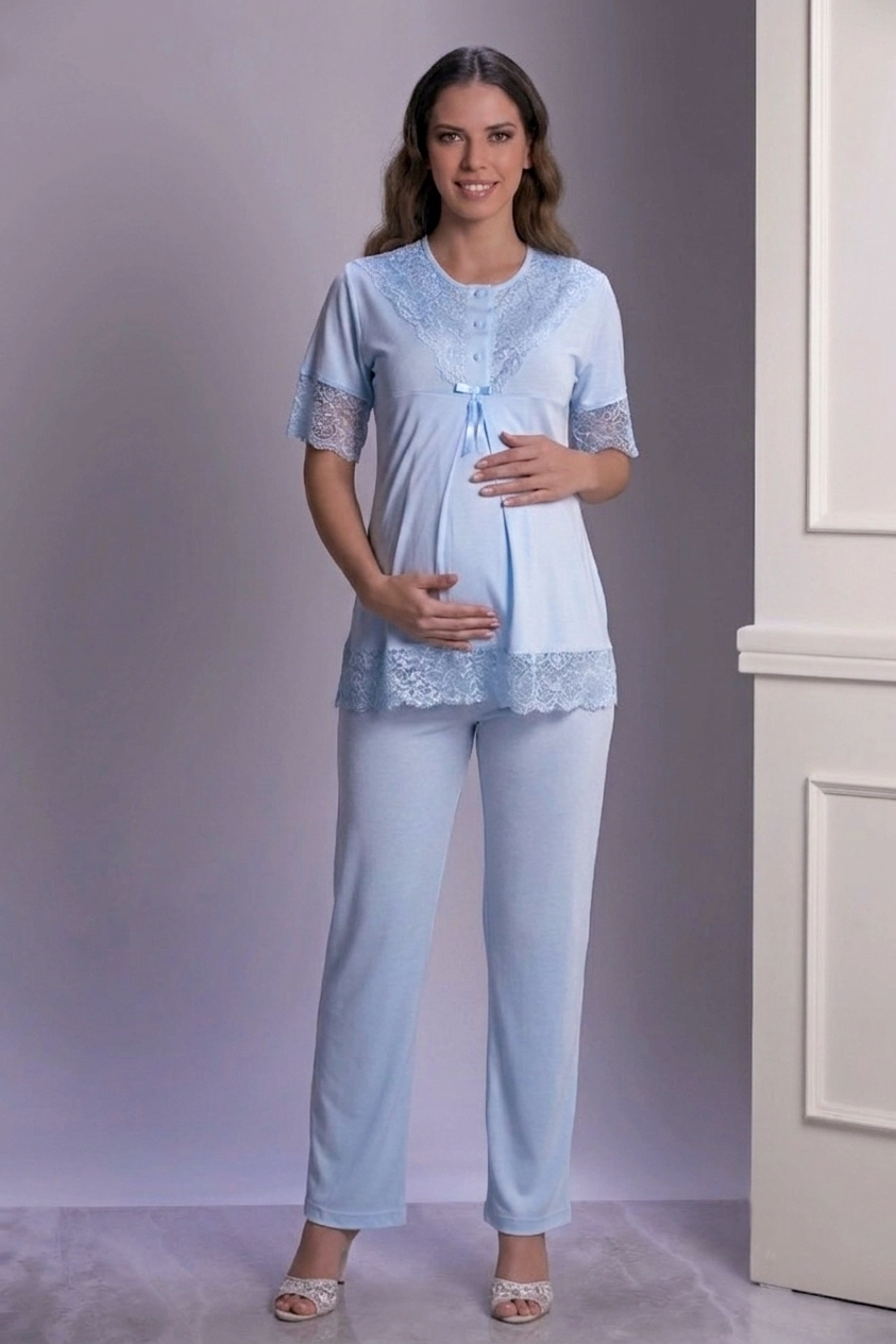 Yumuşak Dantel Detaylı Sabahlıklı Lohusa Pijama Takımı Mavi - 3022