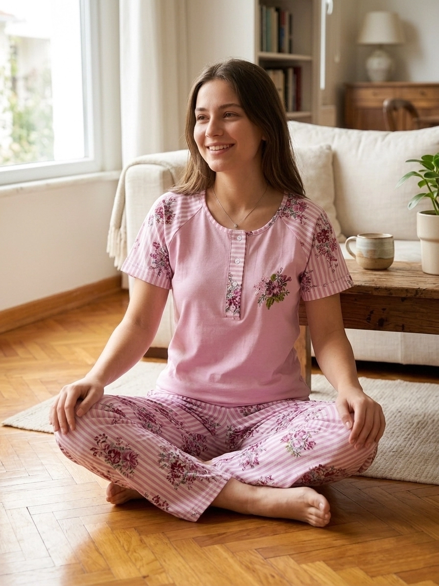 A KALİTE %100 PAMUK CEPLİ Kısa Kol Kadın Pijama Takımı 1220