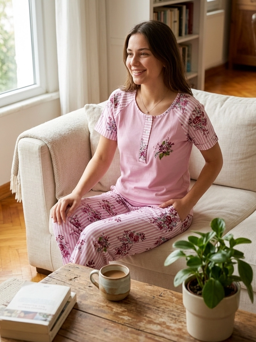 A KALİTE %100 PAMUK CEPLİ Kısa Kol Kadın Pijama Takımı 1220