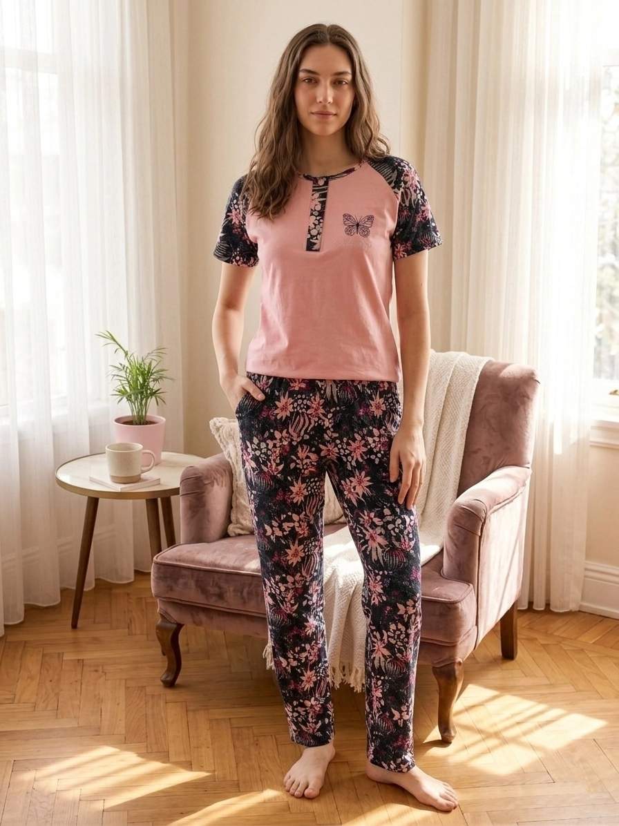 A KALİTE %100 PAMUK CEPLİ Kısa Kol Kadın Pijama Takımı 1203