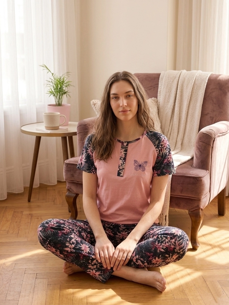 A KALİTE %100 PAMUK CEPLİ Kısa Kol Kadın Pijama Takımı 1203