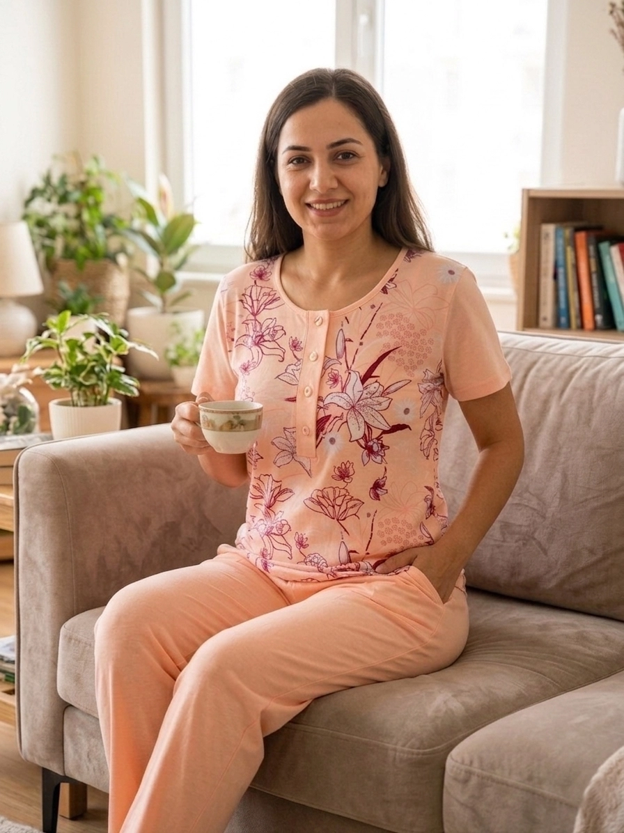 A KALİTE %100 PAMUK CEPLİ Kısa Kol Kadın Pijama Takımı 12002