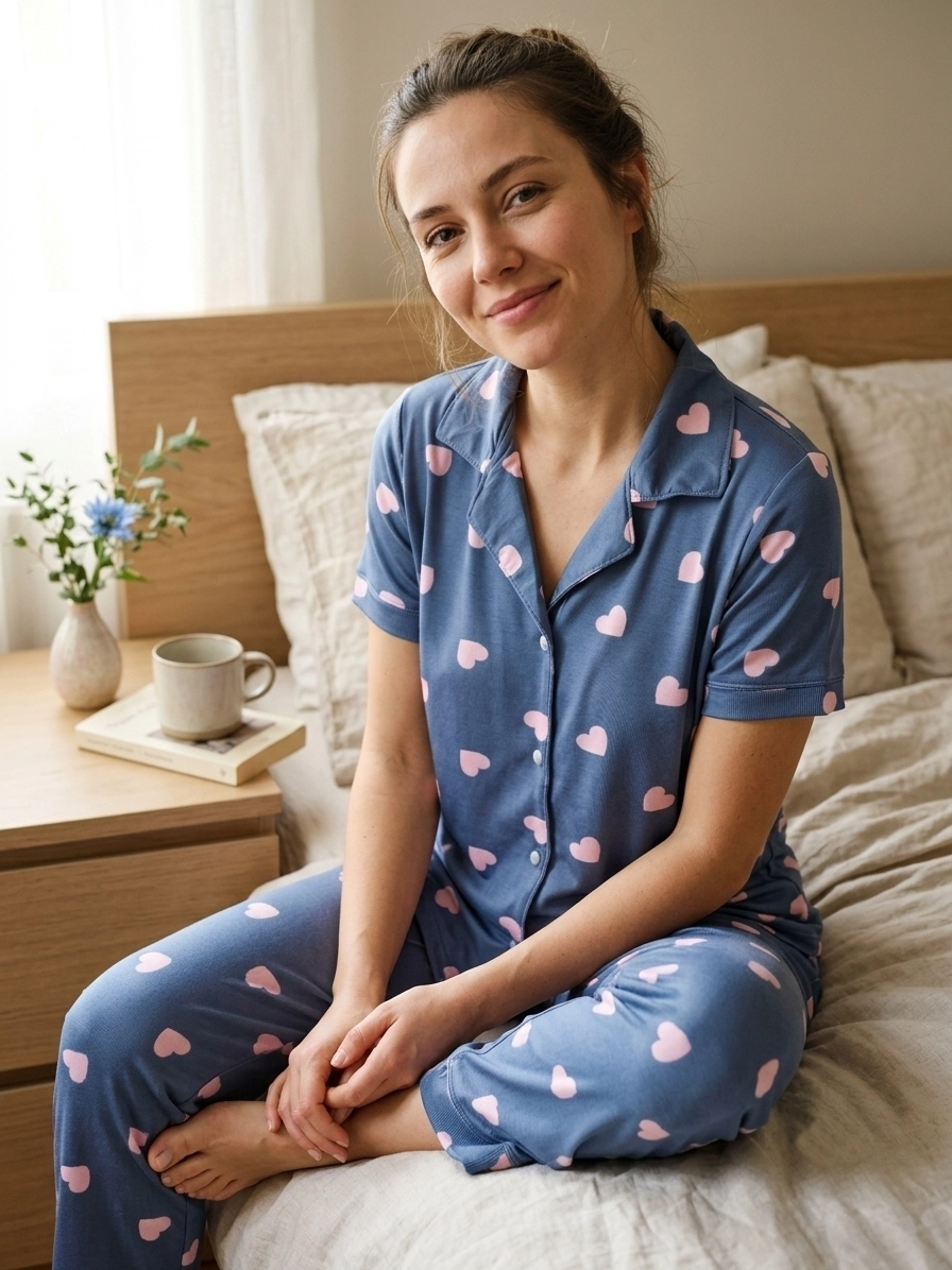 FULL LİKRALI YUMUŞAK DOKULU Boydan Düğmeli Kalp Desen Kadın Pijama Takımı - 31206