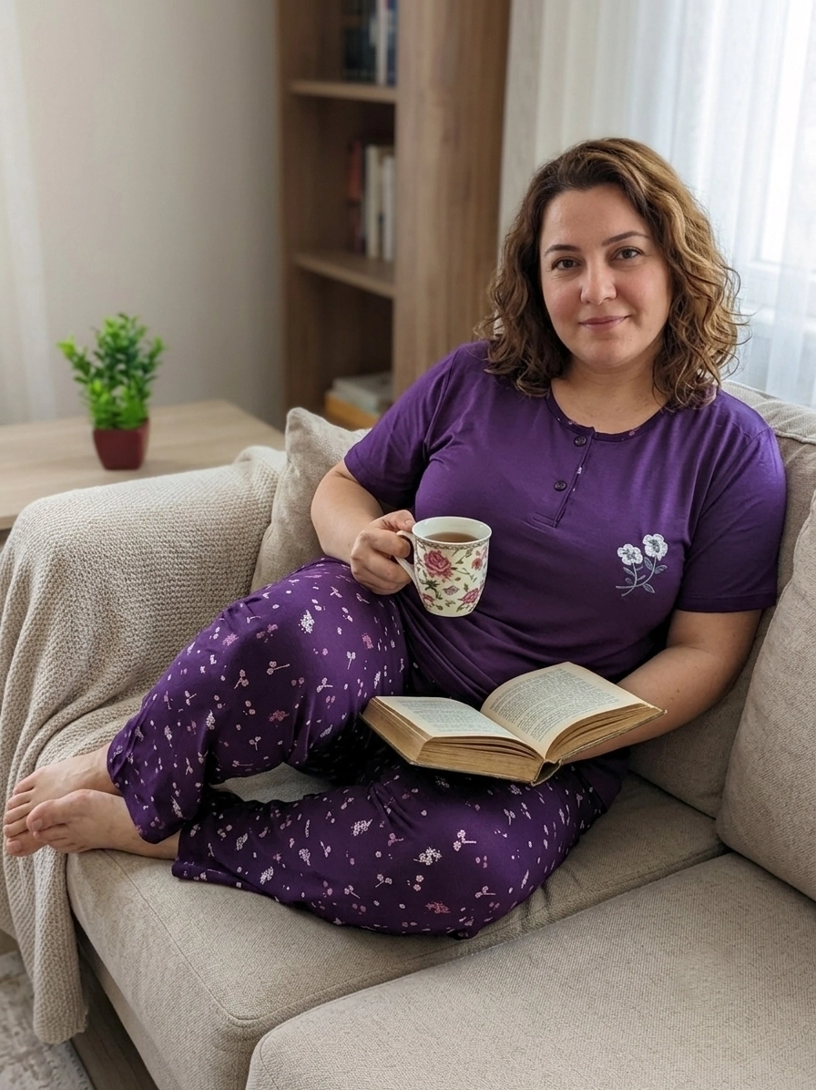 %100 PAMUK Likralı Büyük Beden KISA Kollu Çiçek Desen Kadın Pijama  15095