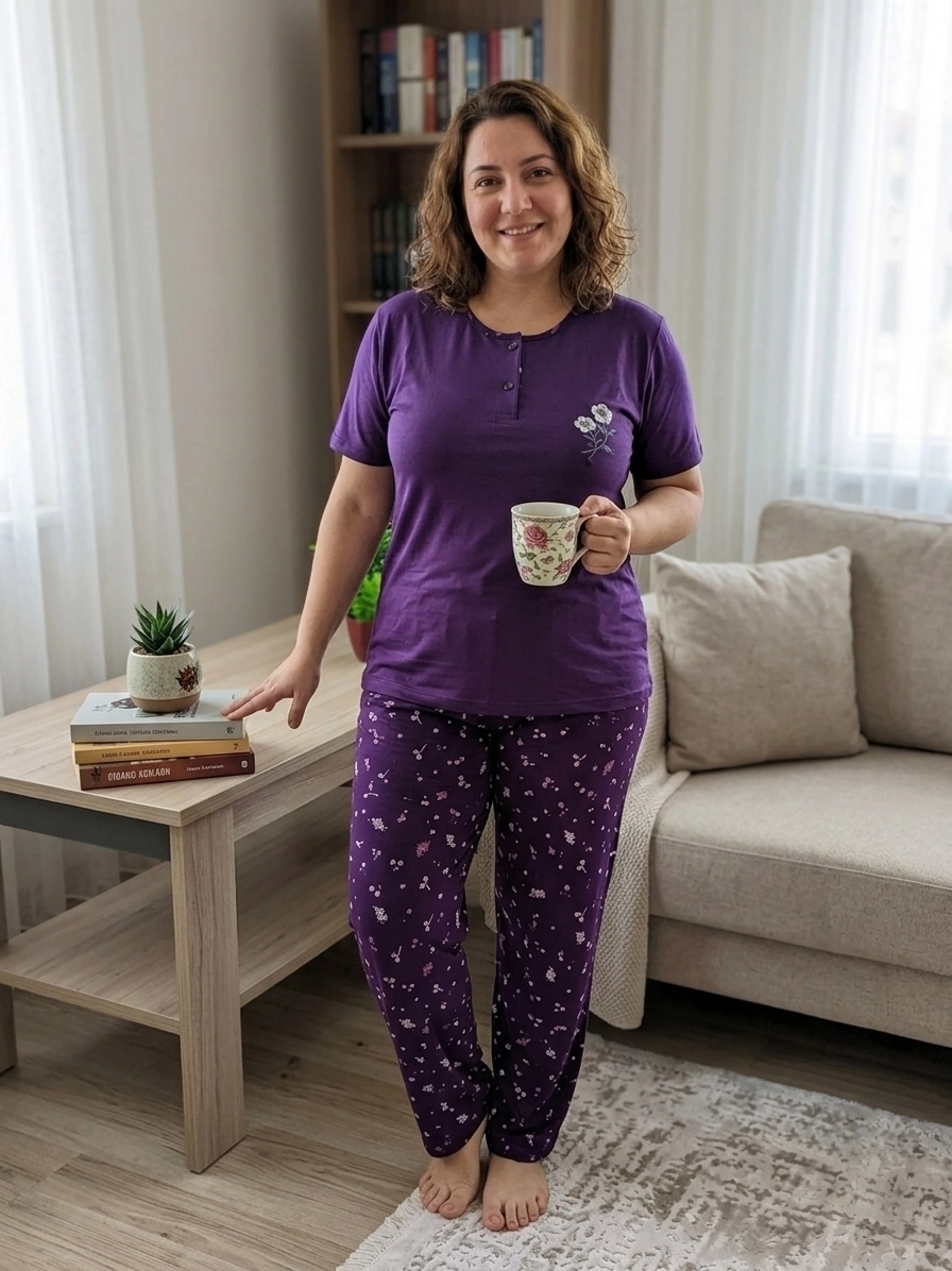 %100 PAMUK Likralı Büyük Beden KISA Kollu Çiçek Desen Kadın Pijama  15095