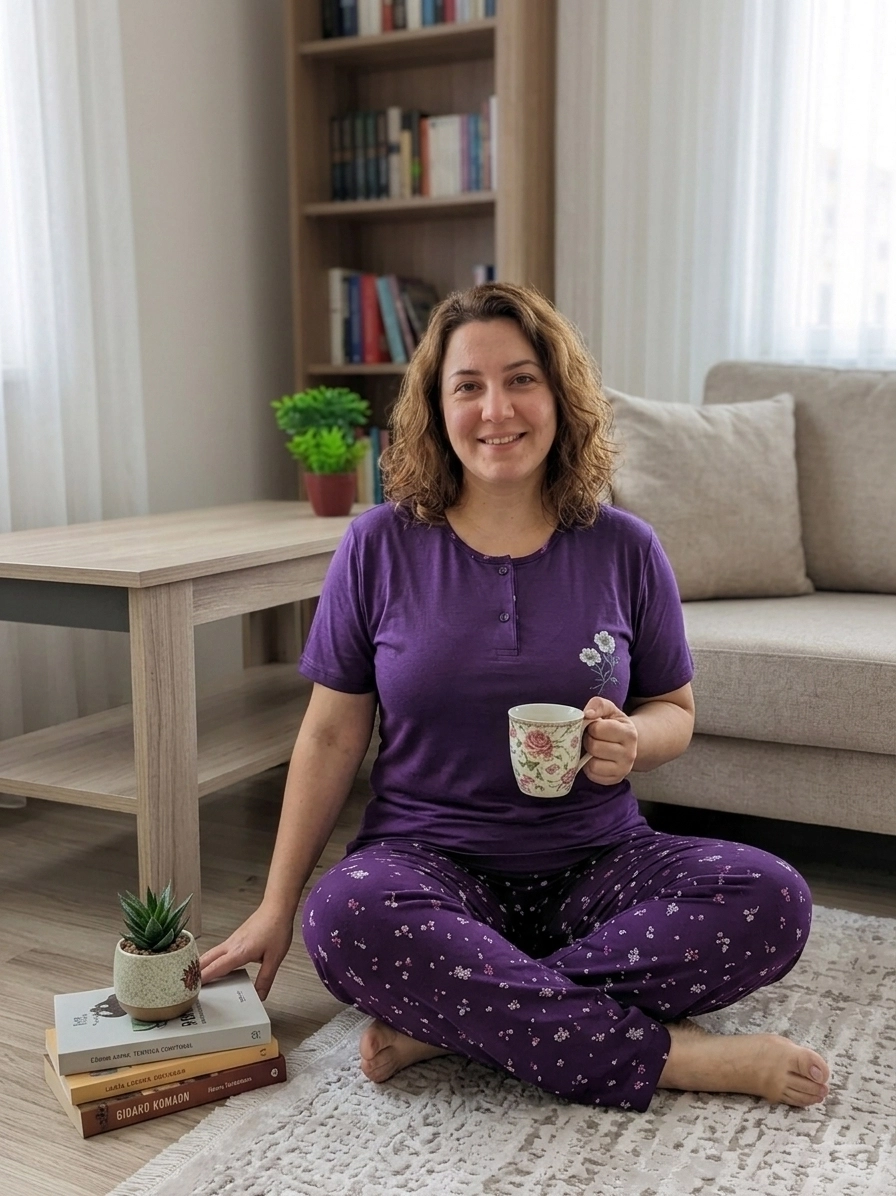 %100 PAMUK Likralı Büyük Beden KISA Kollu Çiçek Desen Kadın Pijama  15095