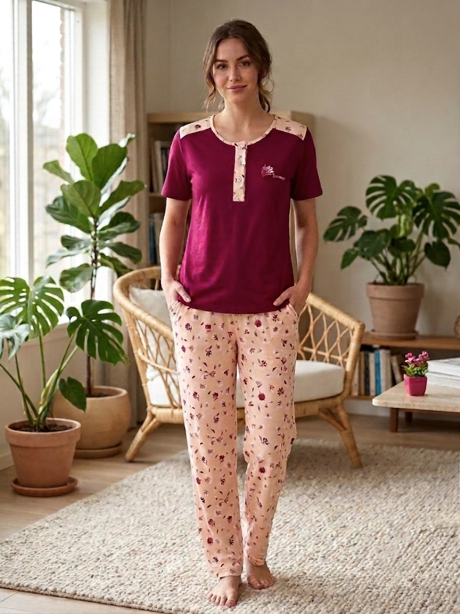A KALİTE %100 PAMUK CEPLİ Kısa Kol Kadın Pijama Takımı 1224