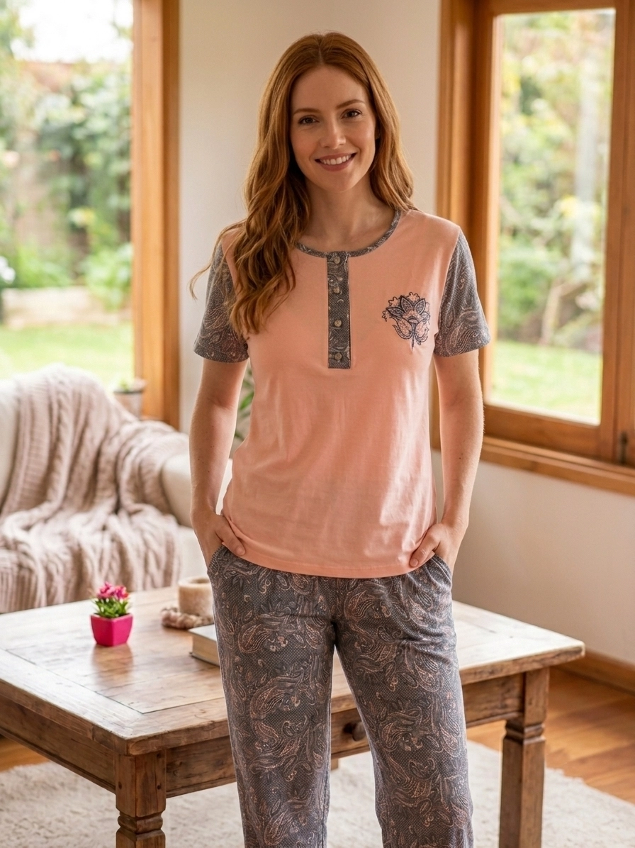 A KALİTE %100 PAMUK CEPLİ Kısa Kol Kadın Pijama Takımı 1229