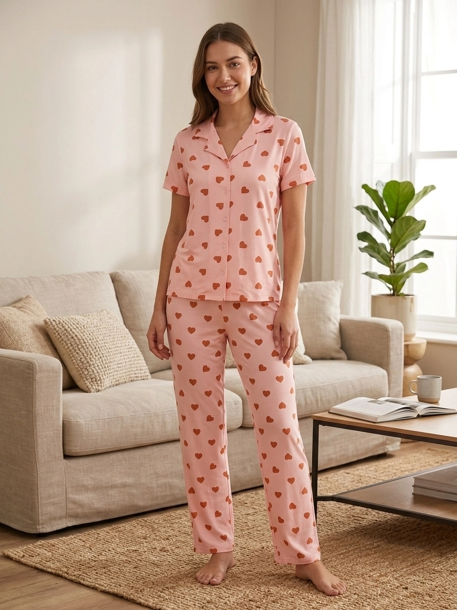 FULL LİKRALI YUMUŞAK DOKULU Boydan Düğmeli Kalp Desen Kadın Pijama Takımı - 31207