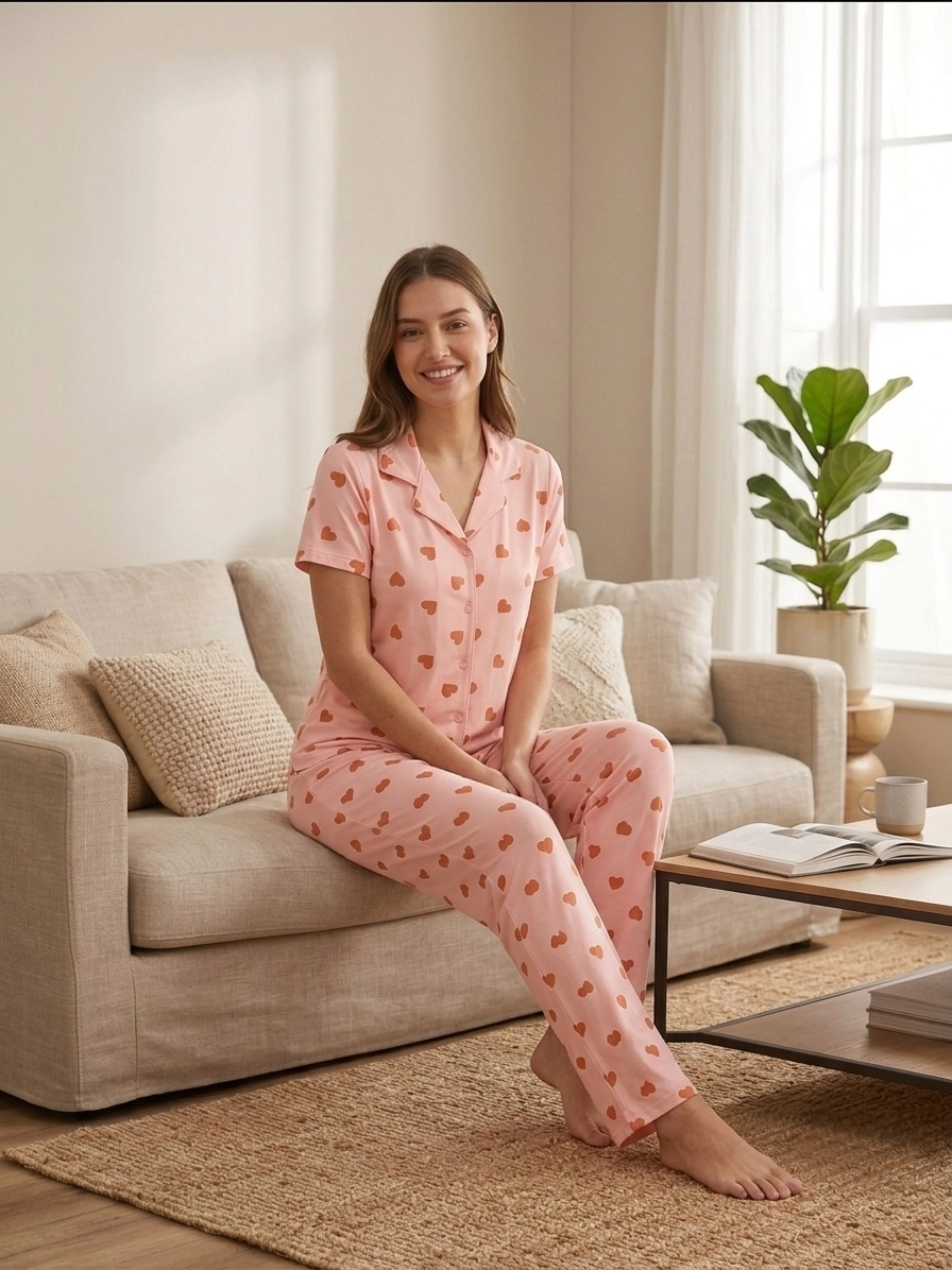 FULL LİKRALI YUMUŞAK DOKULU Boydan Düğmeli Kalp Desen Kadın Pijama Takımı - 31207