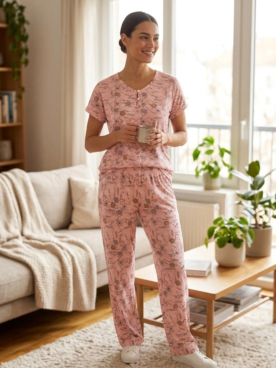 Yumuşak Dokulu Hafif Esnek Kısa Kollu Bayan Pijama Takımı - 10477
