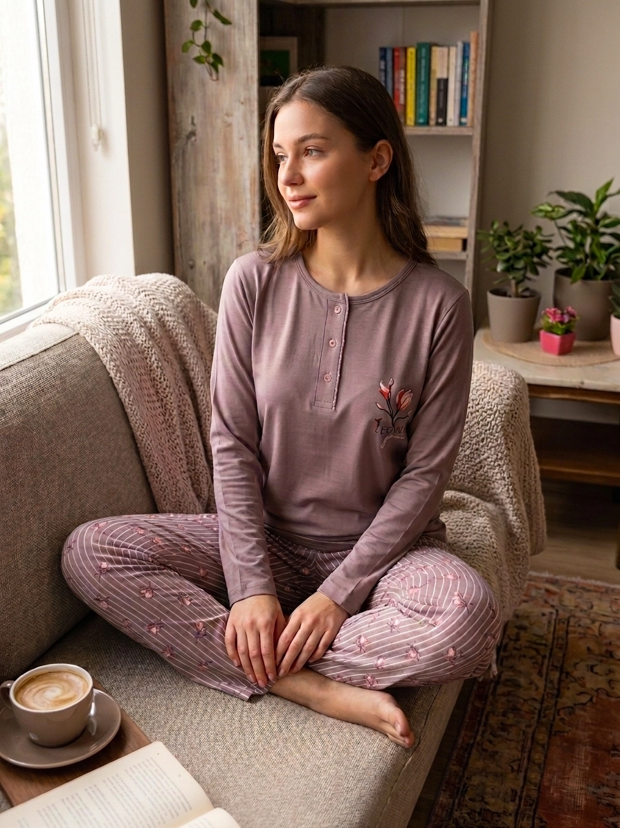 A KALİTE FULL LİKRALI PAMUK Uzun Kol Kadın Pijama Takımı 59105