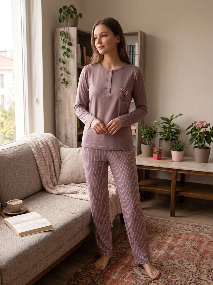 A KALİTE FULL LİKRALI PAMUK Uzun Kol Kadın Pijama Takımı 59105